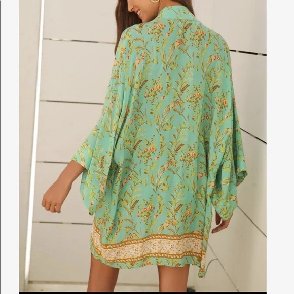 Boho Bohemian Tropical Floral Print Cami Top Kimono CoverUp Shorts Set Green - Picture 2 of 6
